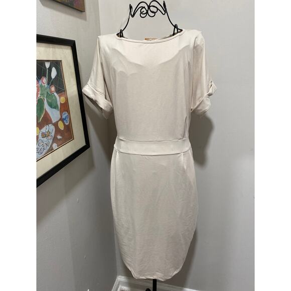 Zenana Cream Dress Size Large Short Sleeve Stretch Knit with Tie Back Belt - Picture 11 of 11